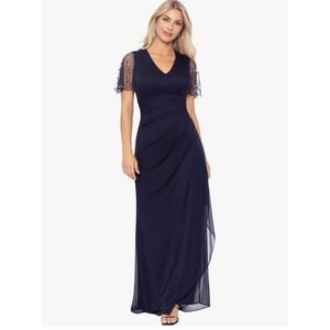 Xscape Women's Sheer Matte Jersey Maxi Dress with Beaded Sleeves Size 6P Wedding